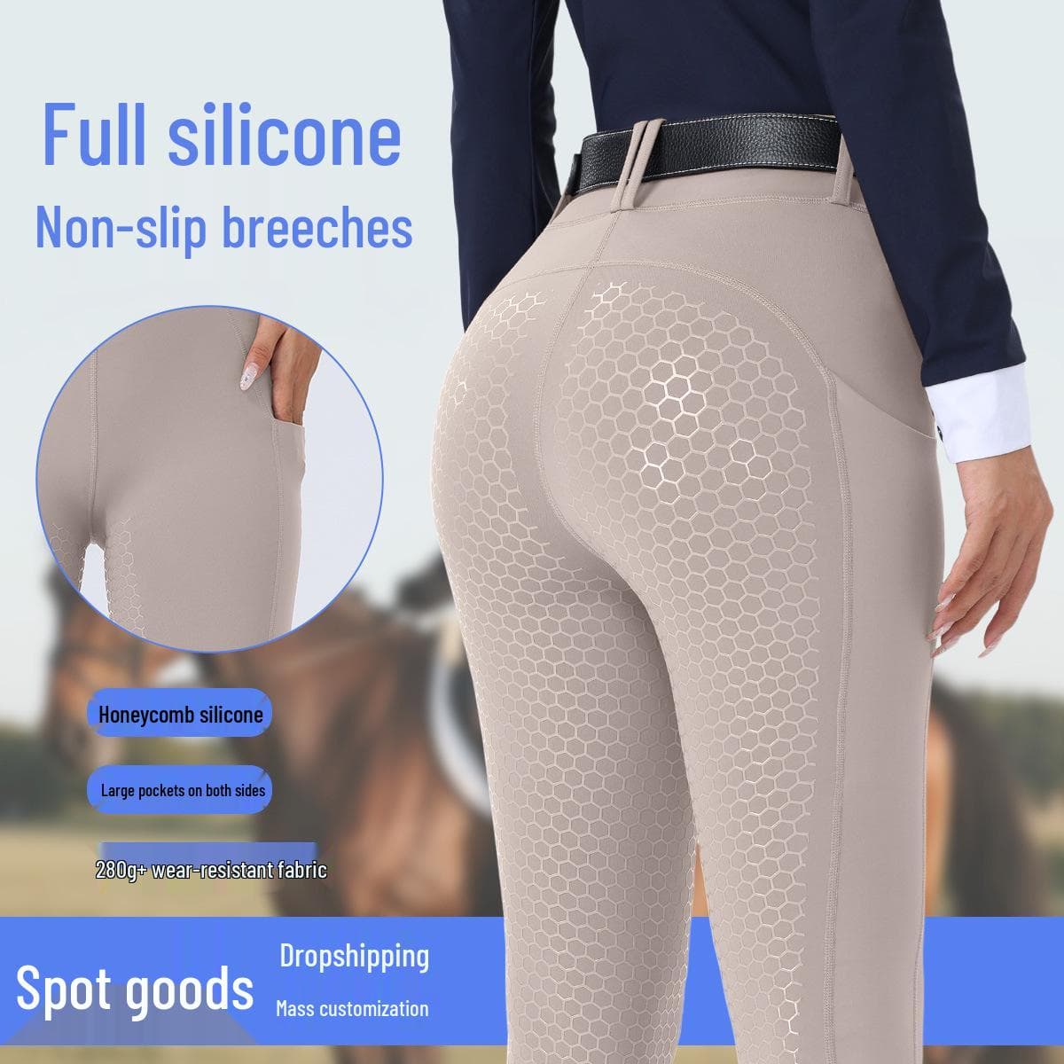 Culotte d'équitation en silicone à fond intégral pour femme: Pantalon d'équitation taille haute, antidérapant, résistant à l'usure, avec poches