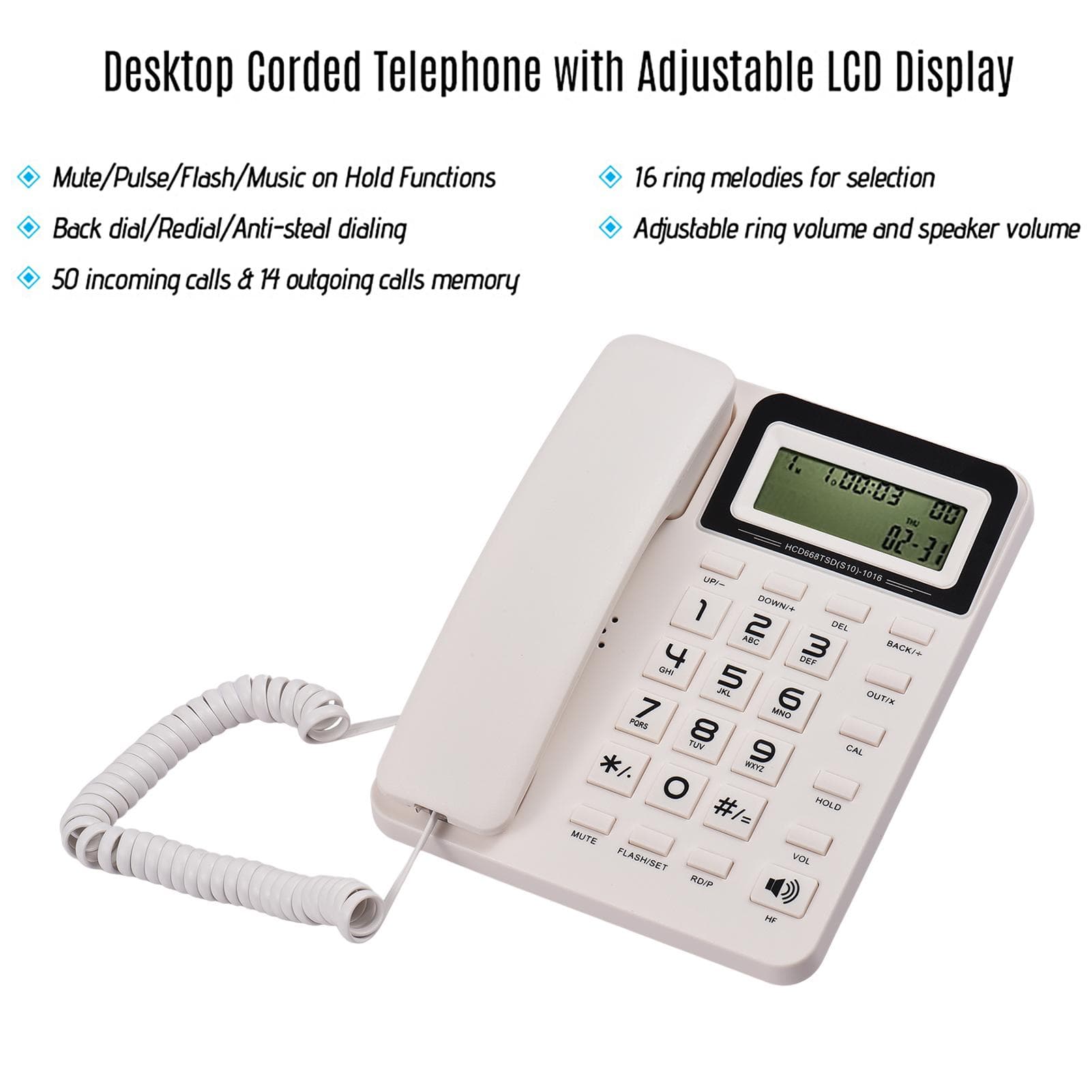Festnetztelefon mit Kabel für den Schreibtisch, Festnetztelefon mit LCD-Display, Stummschaltung, Pause, Halten, Blinken, Wahlwiederholung beige