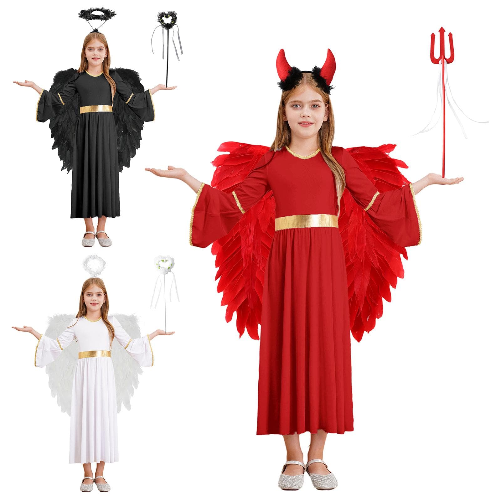 4-teiliges Mädchen Halloween Engel Kostüm Set mit Federflügeln Stirnband Feenstäben Kleid für Partyauftritt cm weiß
