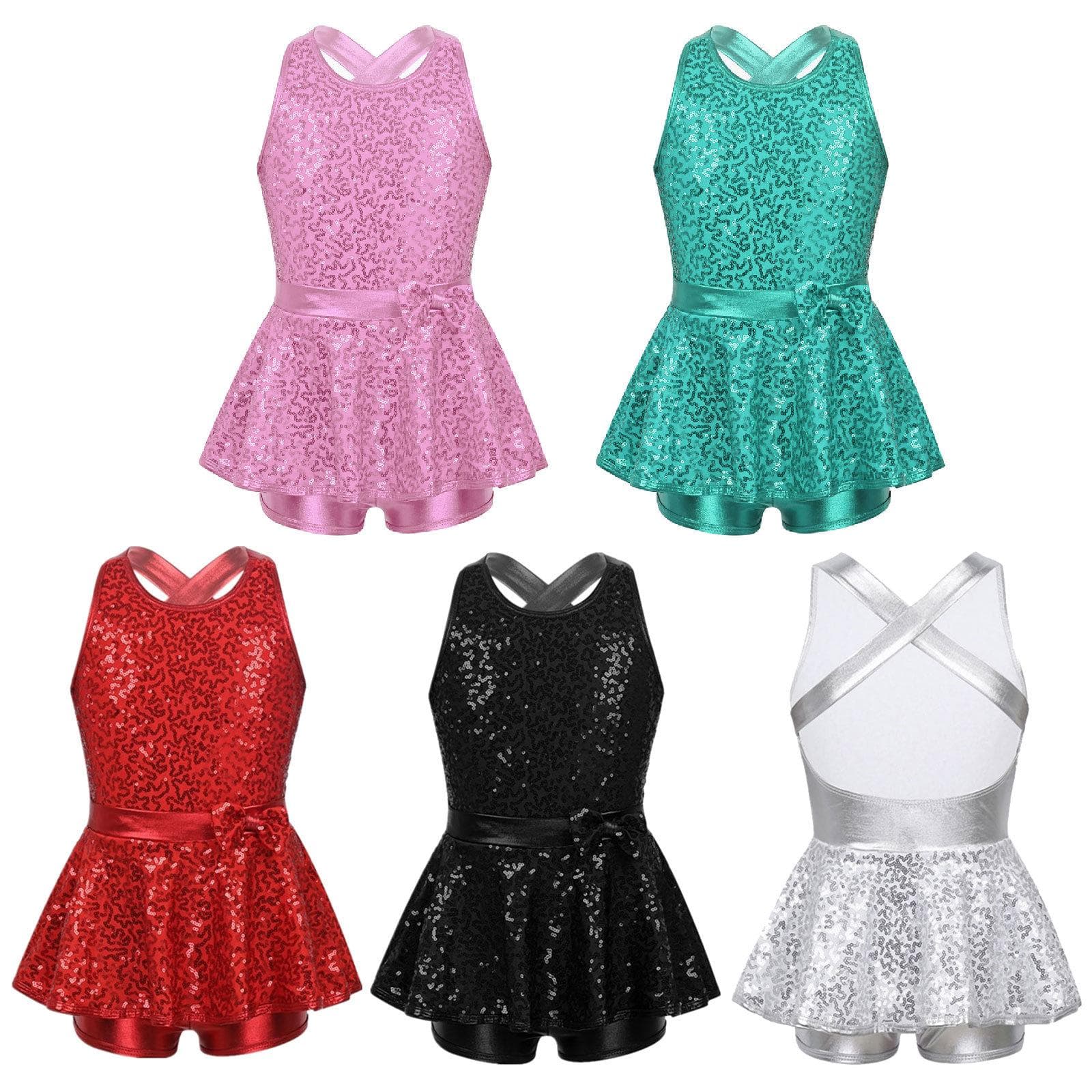 Mädchen Kinder Pailletten Ballett Jazz Modern Steppkleid Tanzkleidung Performance Kostüm Criss Cross Back Trikot Shorts cm weiß