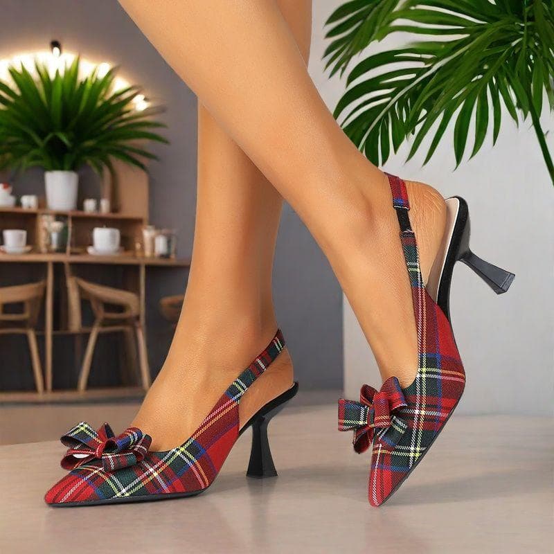 Damen Karierte Slingback-Pumps mit Kitten Heels, geschlossene spitze Zehenpartie, Fliege, Slip-On-Arbeitspumps, Knöchelriemen, Stiletto, formelle