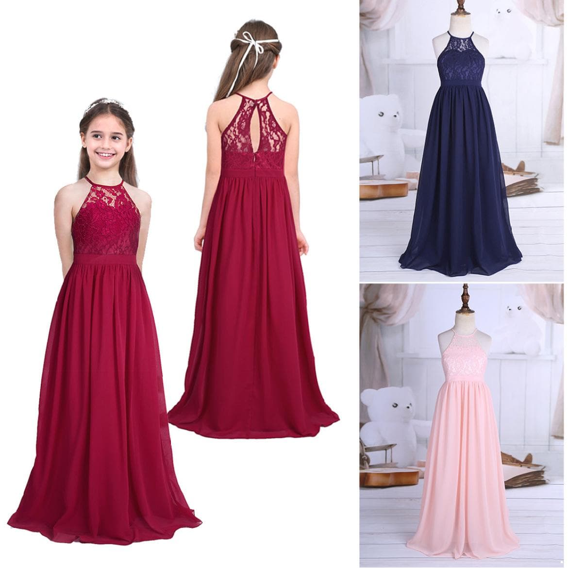 Kinder Neckholder Spitze Chiffon Blumenmädchenkleid Hochzeit Brautjungfer Ballkleid Prinzessin Festzug Party Maxikleid cm rosa