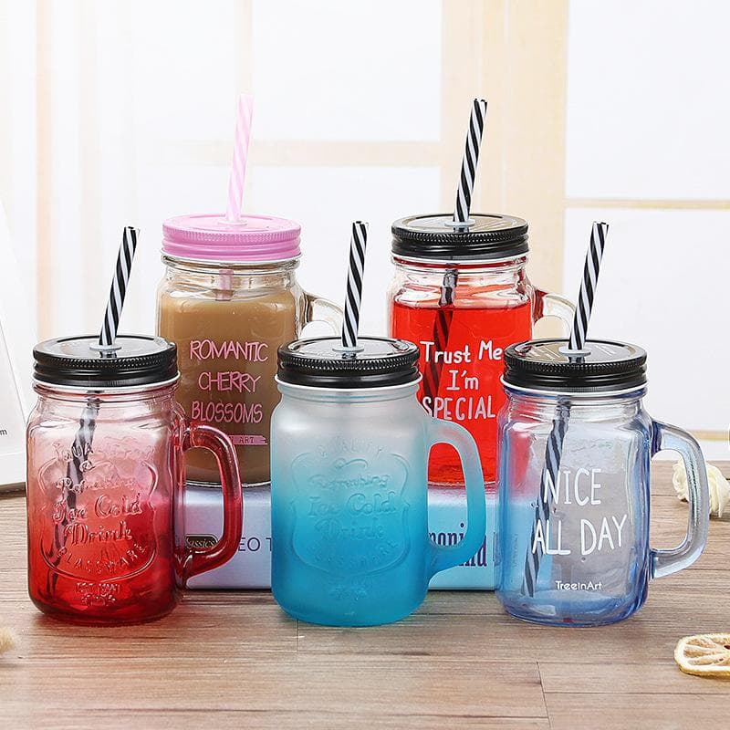 Bunte Gläser Klares Glas Wasserbecher Farbverlauf Transparent Deckel Strohhalm Kaltgetränk Henkel Mason Glas mit Deckel Trinkgeschirr Tassen
