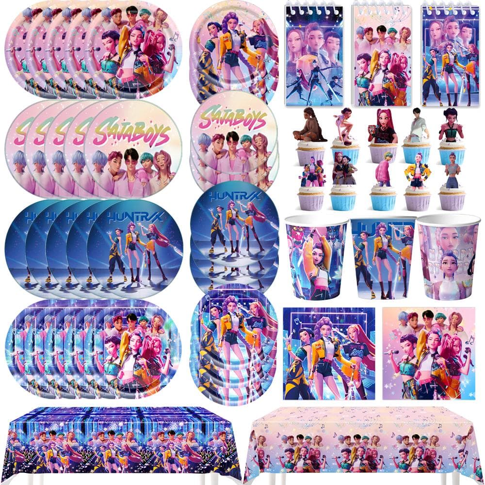 K Pop Dämonenjäger Geburtstagsdekoration Luftballons Partyzubehör Einweggeschirr Banner Girlande Babypartyzubehör Geschenke