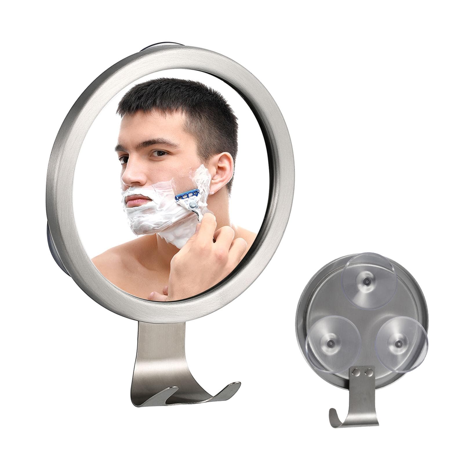Beschlagfreier Spiegel für Badezimmer, Dusche, Rasierspiegel mit Saugnapf, Wandhalterung mit Rasierhaken silber