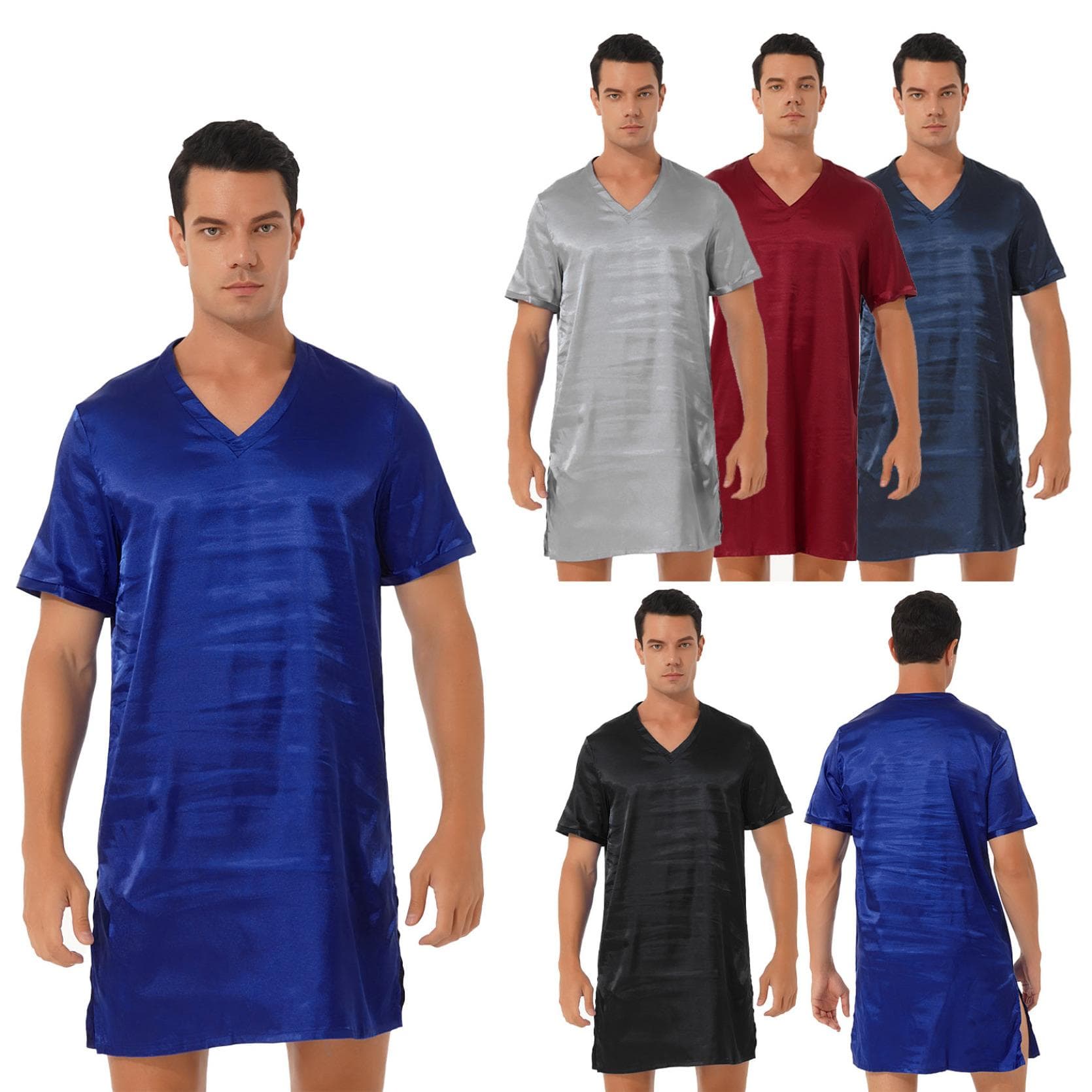 Nachtwäsche Herren-Nachthemd aus Seidensatin, kurzärmelig, Pyjama, Nachthemd, Nachthemden zum Schlafen cm königsblau