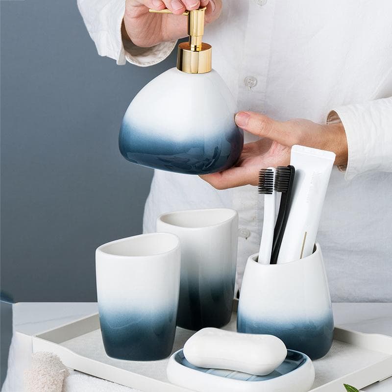 6-teiliges 1 Set Fortschrittliches Graduelles Grau Keramik Badezimmerzubehör Komplettset, Badezimmer Zahnbürstenbecher, Lotionflasche,