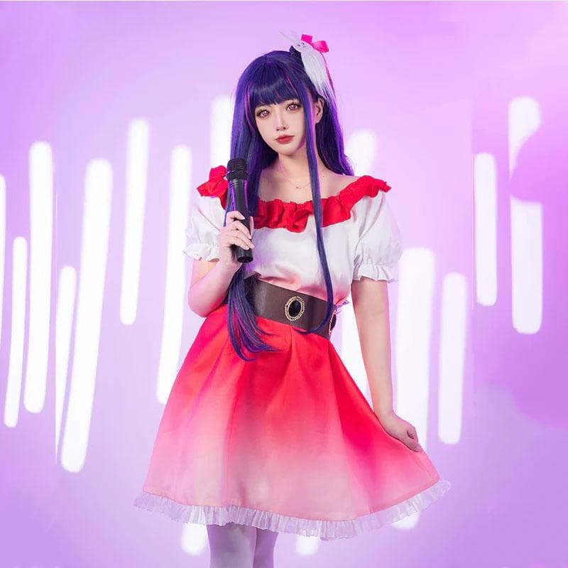 Oshi no Ko Anime Cosplay Hoshino Ai Rot-weißer Farbverlaufsrock + Socken + Gürtel + Kopfschmuck Kostüm Kleid Perücke Outfits für Frauen Mädchen