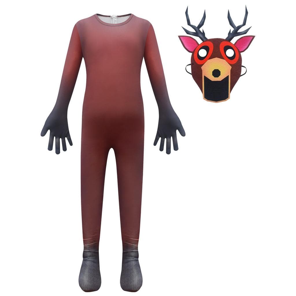 Kinder Jungen 99 Nächte im Wald Tiere Elch Hirsch Druck Jumpsuit Masken Sets Outfit Weihnachten Rollenspiel Halloween Cosplay Kostüme 160cm braun