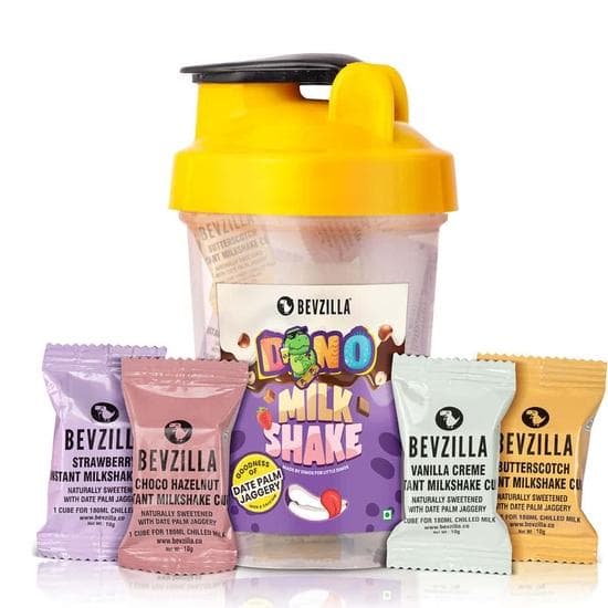Bevzilla Instant Milkshake Würfel & Flaschenpackung | Erdbeere, Butterscotch, Schoko-Haselnuss & Vanillecreme | BPA-freier Shaker 500 ml