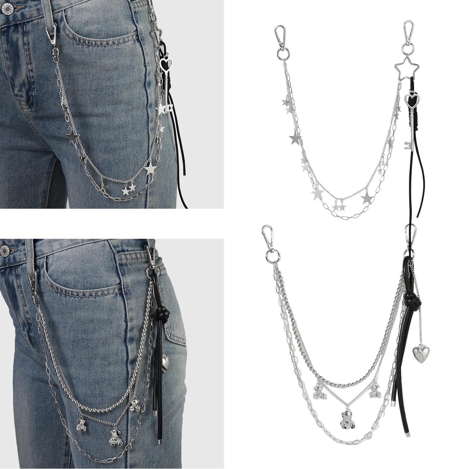 Herz Punk Hüftkette an Jeans Hosen Handtasche für Mädchen Mehrlagige Körperkette Hose Streetwear Kette