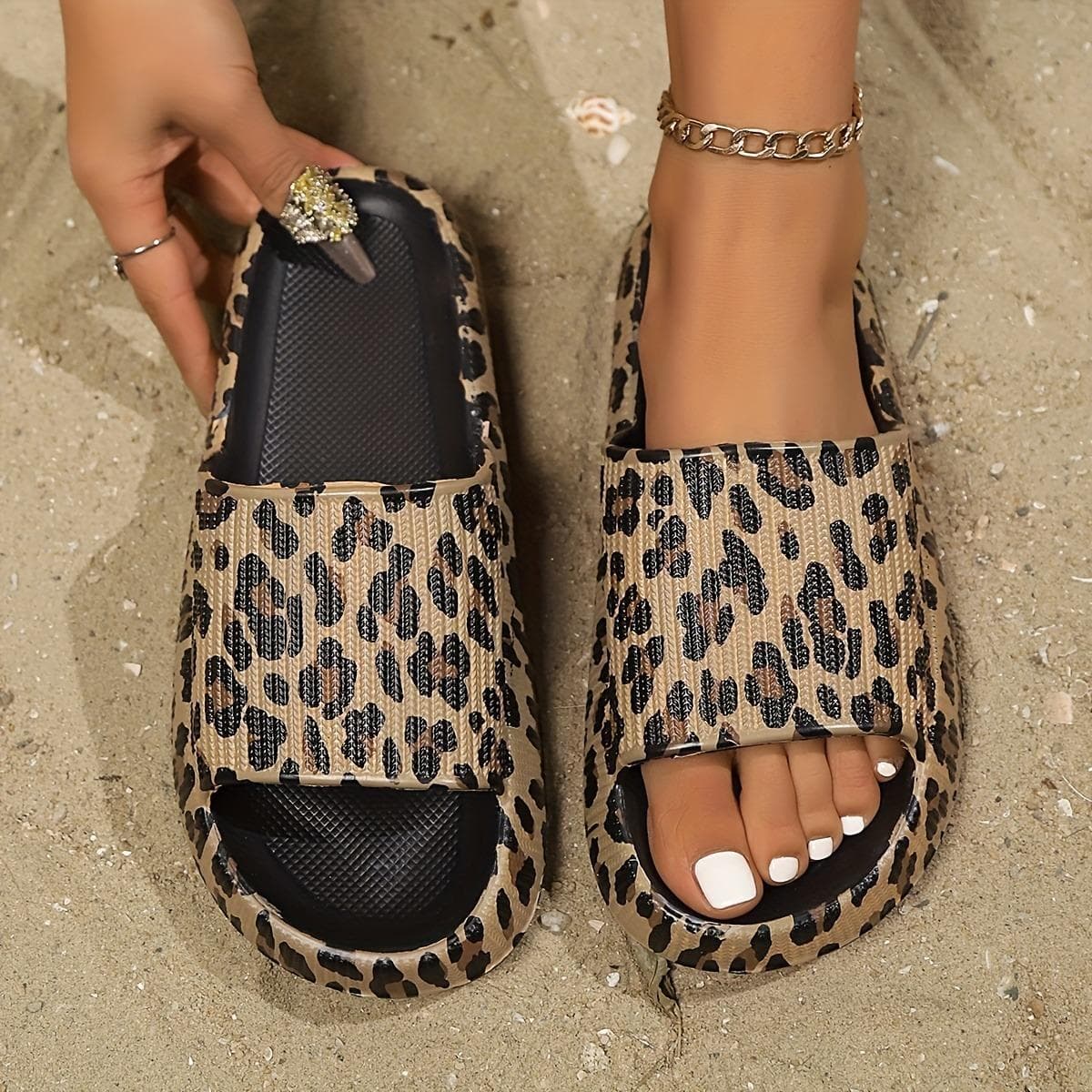 Damen Modische EVA-Slipper mit Leopardenmuster, Damen Dicksohlige Cloud-Slipper für Urlaub, Strand, Studentenwohnheim, Übergrößen Damenschuhe cm