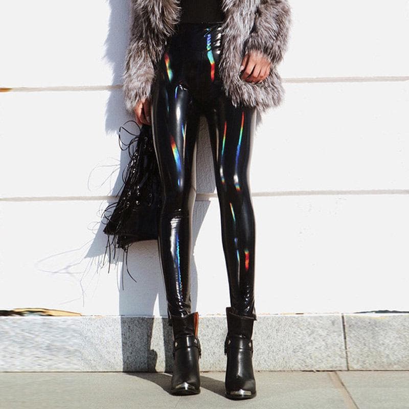 Modische Leder-Leggings für Damen, schlank, glänzend, schwarz, Kunstleder, hohe Taille, dehnbar, Sport, Fitness cm