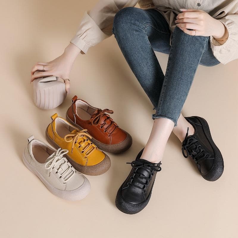 Echtleder Schuhe Damen Flache Freizeitschuhe Weiches Rindsleder Markenschuhe Schwarz Gelb Bequem Übergröße 41 cm beige
