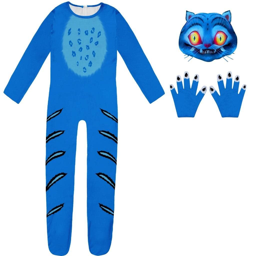 Kinder Jungen Mädchen Anime Cartoon Tiger Tiere Bedruckter Jumpsuit Handschuhe Maske Set Halloween Cosplay Kostüme 160cm blau