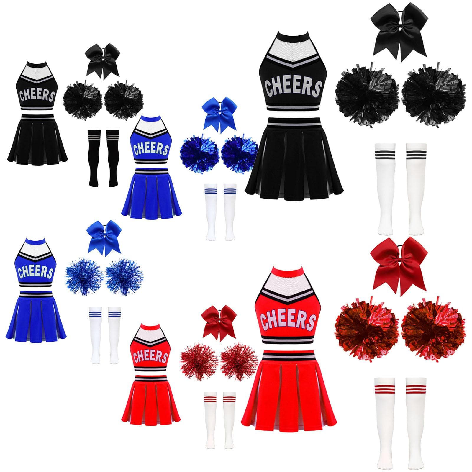 Kinder Mädchen Cheerleader Halloween Party Outfit Cheerleading Crop Top mit Faltenrock Pom Pom Socken Kopfbedeckung Set cm