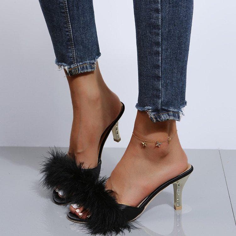 Damen Pelzige Stiletto High Heel Hausschuhe: Übergröße Zehenfrei Elegante Sandalen cm schwarz