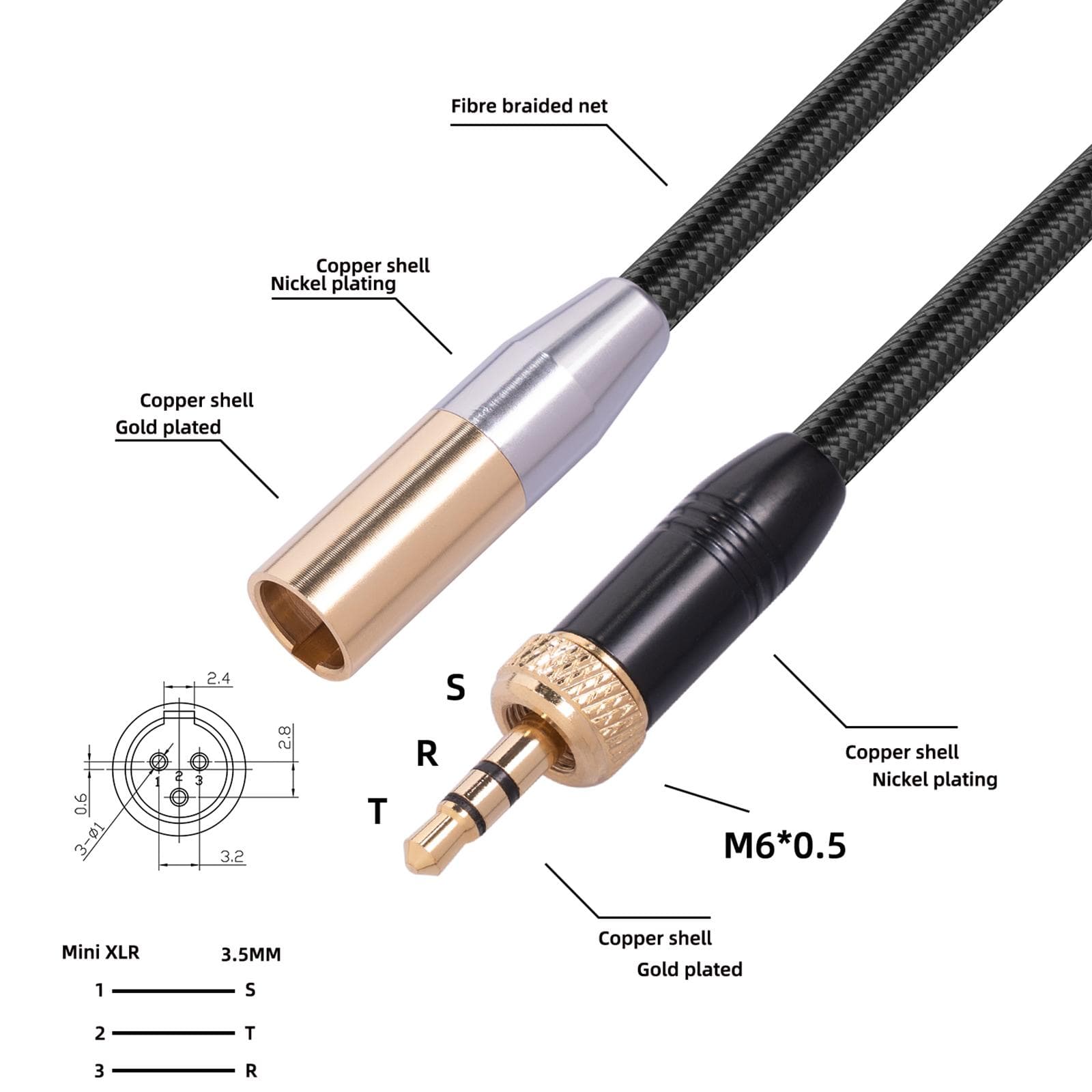 3,5 mm auf Mini-XLR Symmetrischer Kabeladapter Vergoldet 1/8 Zoll Mini-Klinke Aux auf XLR Stecker Mono Audiokabel für Mobiltelefon