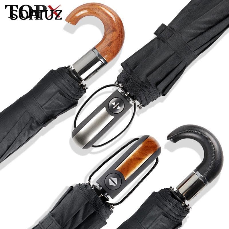Windbeständiger 3-fach automatischer Regenschirm, Regen, Damen, Leder, Holzgriff, Business-Regenschirm im britischen Stil, Herren-Geschenk, großer