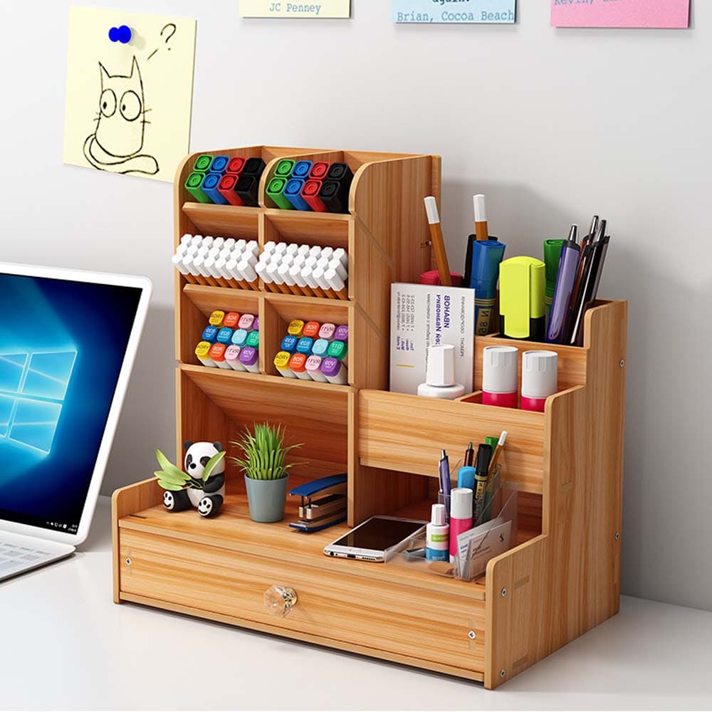 Porte-stylo boîte de rangement en bois, grande capacité, mode créative, porte-stylo multi-compartiments, étagère de rangement de bureau