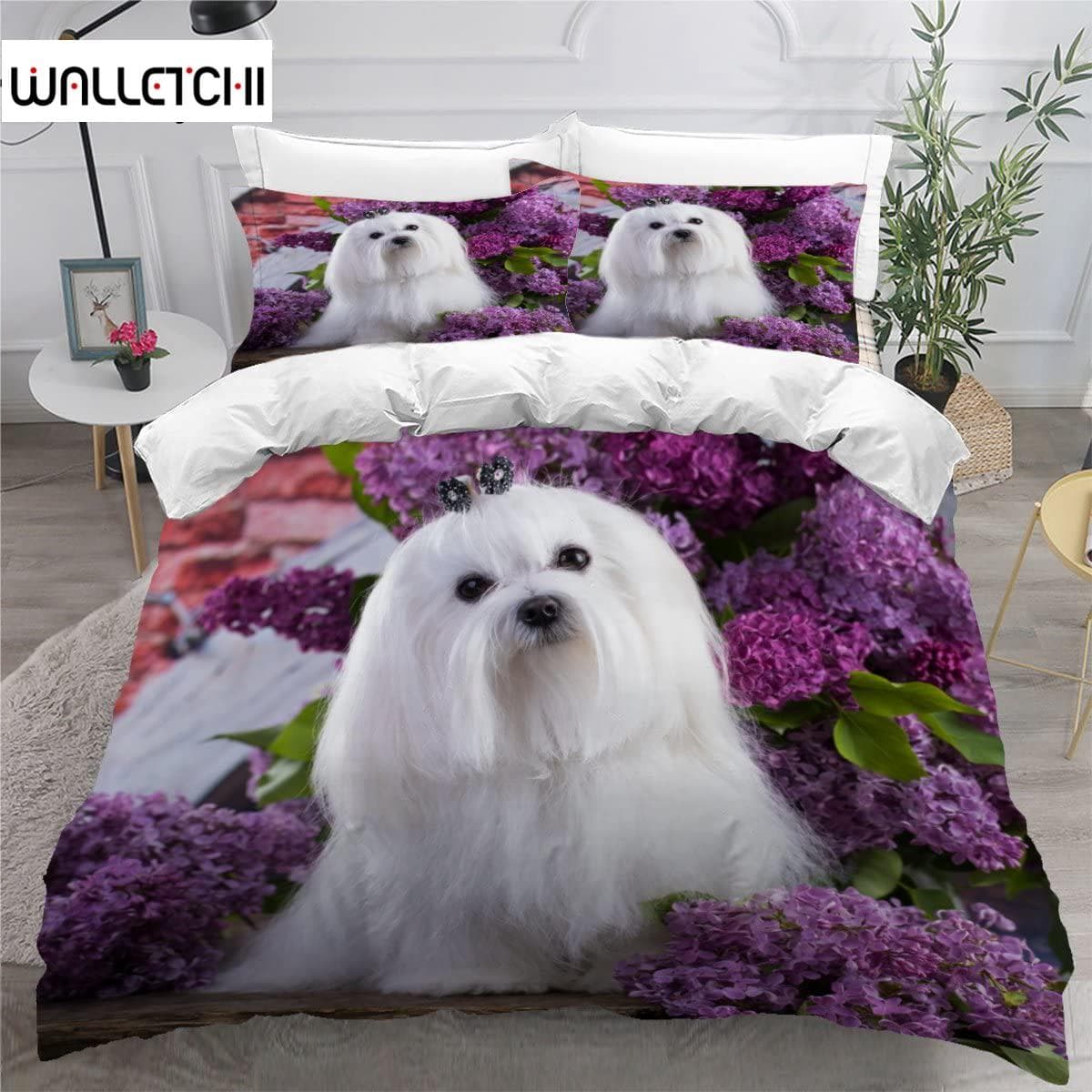 Niedliches Malteser Hund Bettbezug Set Haustier Hunde Thema Bettwäsche Set Mikrofaser Kawaii Tier Bettdeckenbezug Einzelkönig für Kinder