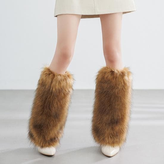 1 Paar Damen Stiefelstulpen Imitation Wolfshaar Plüsch Beinwärmer Bühnenauftritte Halloween Weihnachts-Kostüme Outfit-Zubehör 30cm braun