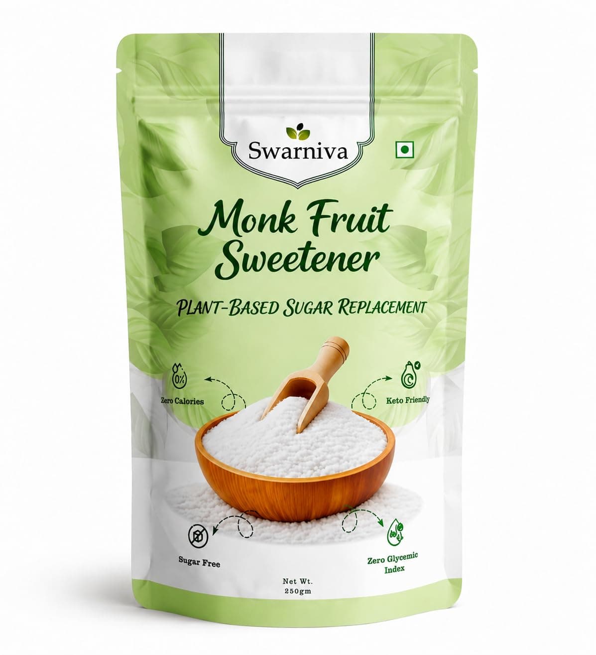 Édulcorant Monk Fruit Swarniva 250g | Édulcorant Naturel Zéro Sucre & Zéro Calorie | Substitut de Sucre Compatible Céto | Végétal, Indice