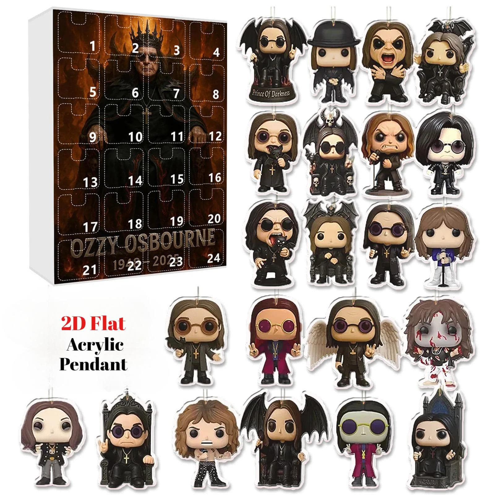 24 Tage Neuer Ozzy Osbourne Motorradglocke Adventskalender Ozzy Osbourne 2D Acryl Anhänger Weihnachts-Countdown Adventskalender Geschenk cm