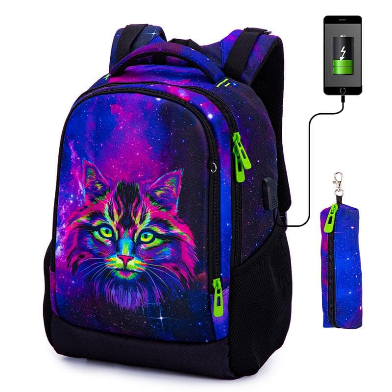 Orthopädische Schultasche für Kinder mit USB-Ladeanschluss, multifunktionale Rucksäcke für Mädchen, 3D-Katzentierdrucke, Kinder-Büchertasche