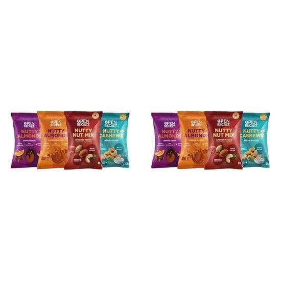 Open Secret Mini Nüsse| Packung mit 8 (je 23g)|Snacks Geschenkkorb |Karamell Meersalz & Orange Kakao Mandeln, Sahne & Zwiebel Cashew|Geröstete Diät