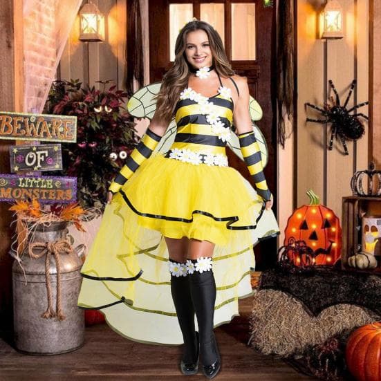Biene Cosplay Kostüm mit Flügeln Antennen Bienenkönigin Halloween Party Rollenspiel Kostüm Blumendekor Streukuchen Saum Kleid cm