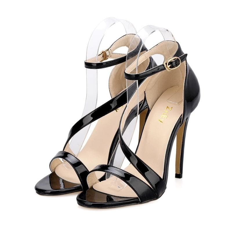 Damen-Sandalen, 11 cm, offene Zehen, Knöchelriemen, High Heels, Lackleder, Hochzeit, Pumps, Stilettos, Kreuz cm weiß