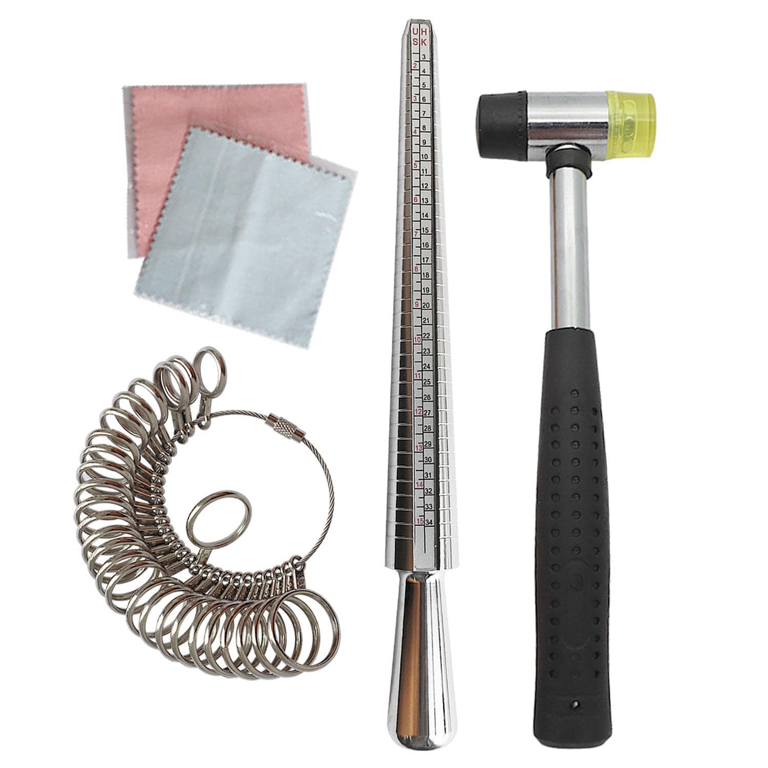 5-teiliges Ringgrößenmessgerät-Set zur Korrektur von Ringverformungen mit Ringdorn, Ringmaß, Fingergrößenmesser, Schmuckhammer und Poliertuch