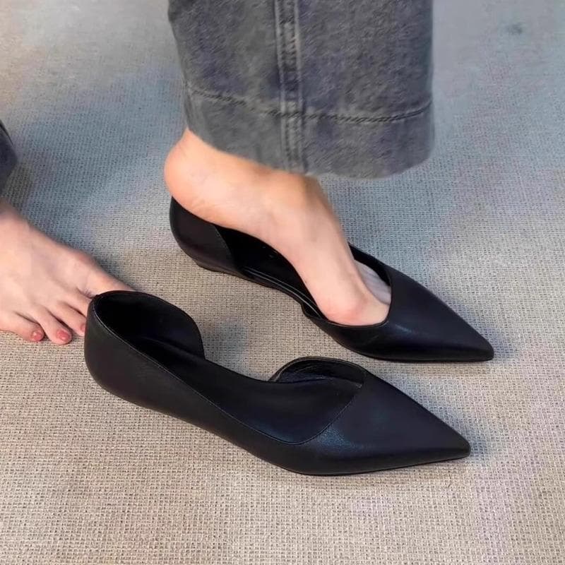 Mode 2025 Neu Sommer Nische Temperament Spitzschuh Wildleder Slipper Flache Slipper Einzelne Schuhe für Damen cm schwarz