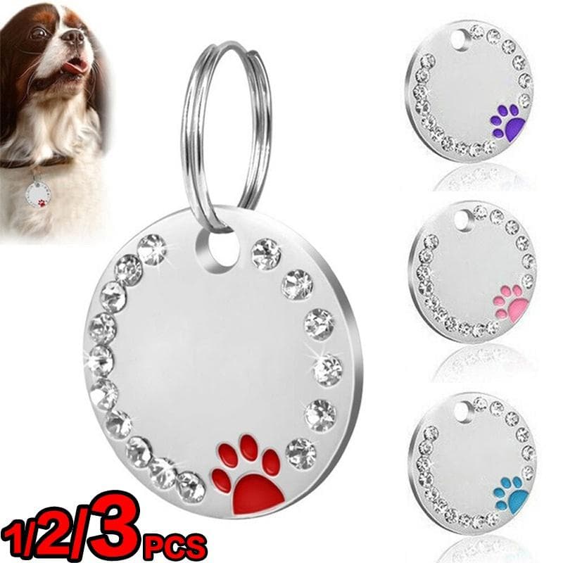 7 Farben Hundemarke Pfotenhalsband Halskette Haustier Katze ID Name graviert Schlüsselanhänger Kette Diamant Epoxy Runde Hundemarke Strass Metall