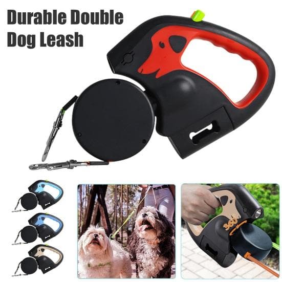Einziehbare Hundeleine für 2 Hunde, Nylon-Zugseil mit LED-Leuchten, ergonomischer Griff, Kotbeutelhalter für kleine Hunde blau