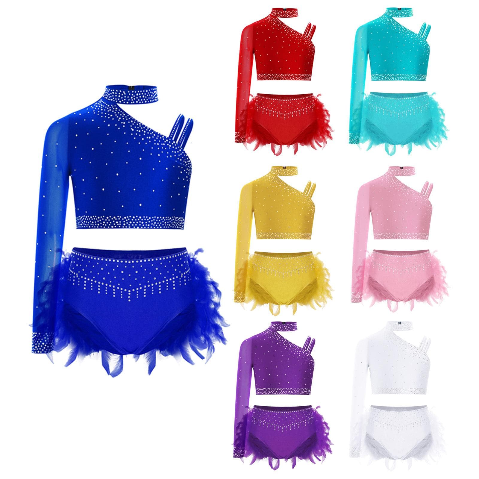 Glitzerndes Tanzkostüm-Set für Kinder, Mädchen, Strassverziertes bauchfreies Top, asymmetrische Schultern und Federshorts cm gelb