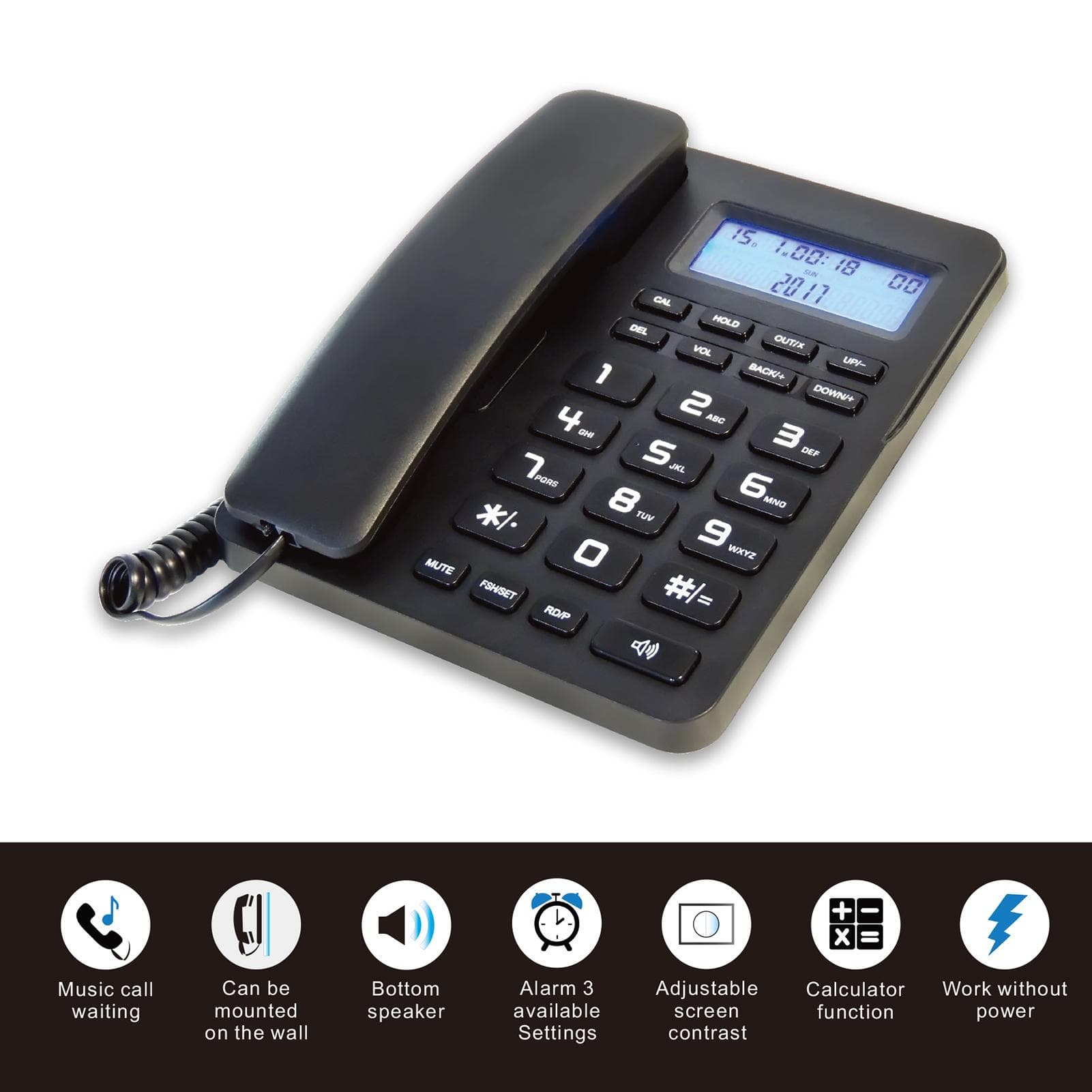 Desktop-Schnurgebundenes Festnetztelefon, Festnetztelefon mit großer Taste für ältere Senioren, Telefon mit LCD-Display schwarz