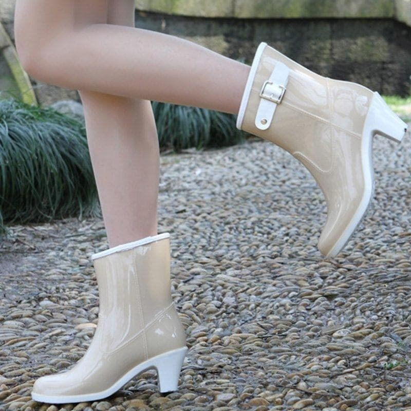 Damen-Schuhe, mittelhohe Damen-Regenstiefel, modische, wasserdichte Gummistiefel mit dickem Absatz cm weiß