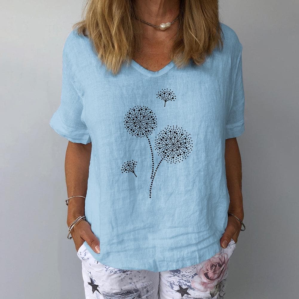 Damen (M-3XL) Sommer V-Ausschnitt Kurzarm Print Baumwolle Leinen T-Shirt Bluse Top cm weiß