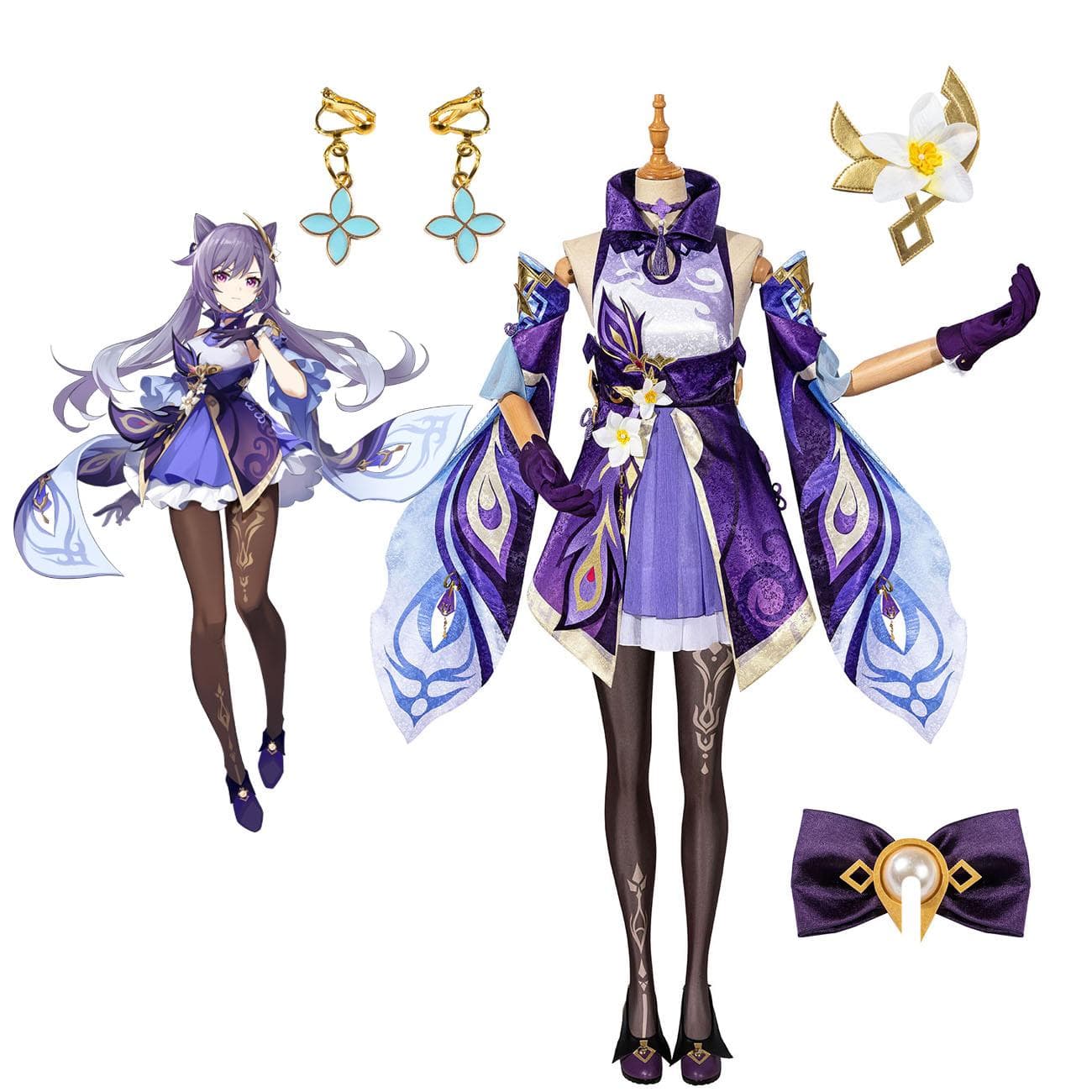 Keqing Cosplay Kostüm Schuhe Komplettset Keqing Sexy Kleid für Bühne Halloween Performance cm