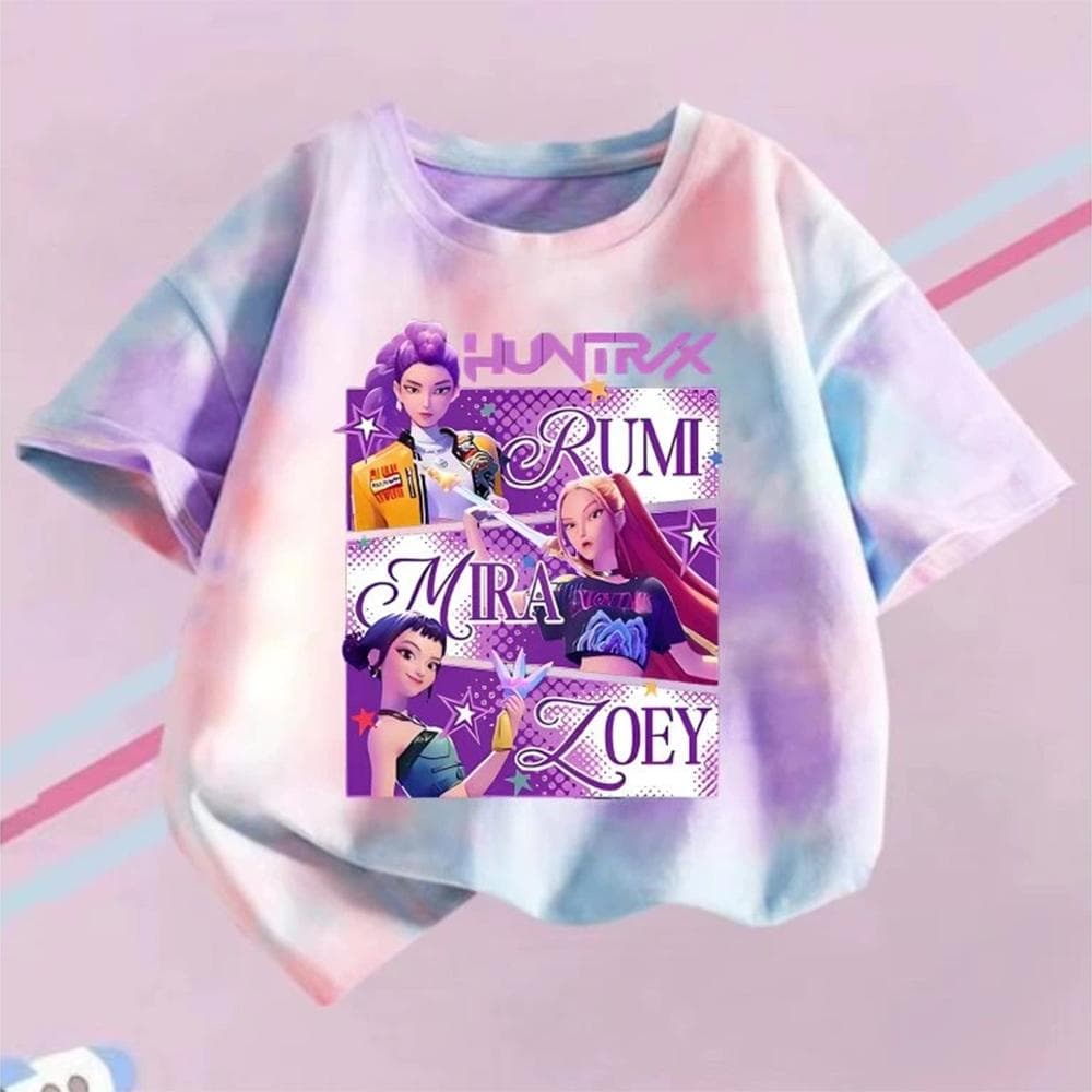 KPop Dämonenjäger T-Shirt Kinder Lila Oberteil Mädchen Rundhals Kleidung Kurzarm Sommer Bequem Weiches T-Shirt cm