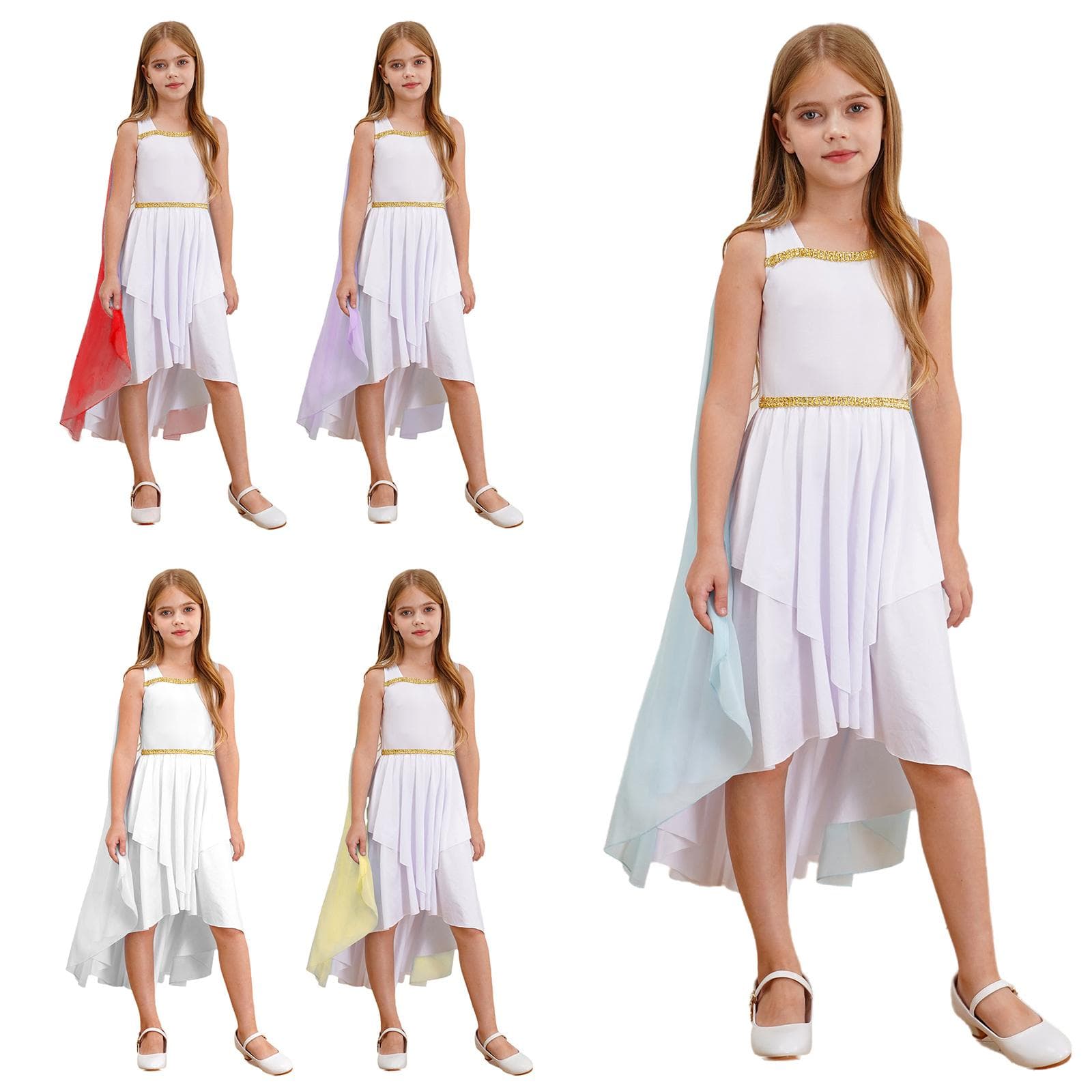 Mädchen Antikes Griechisches Toga Kostüm Ärmellos Patchwork Fließendes Schal Kleid Rom Ägypten Prinzessin Halloween Cosplay cm hellblaue
