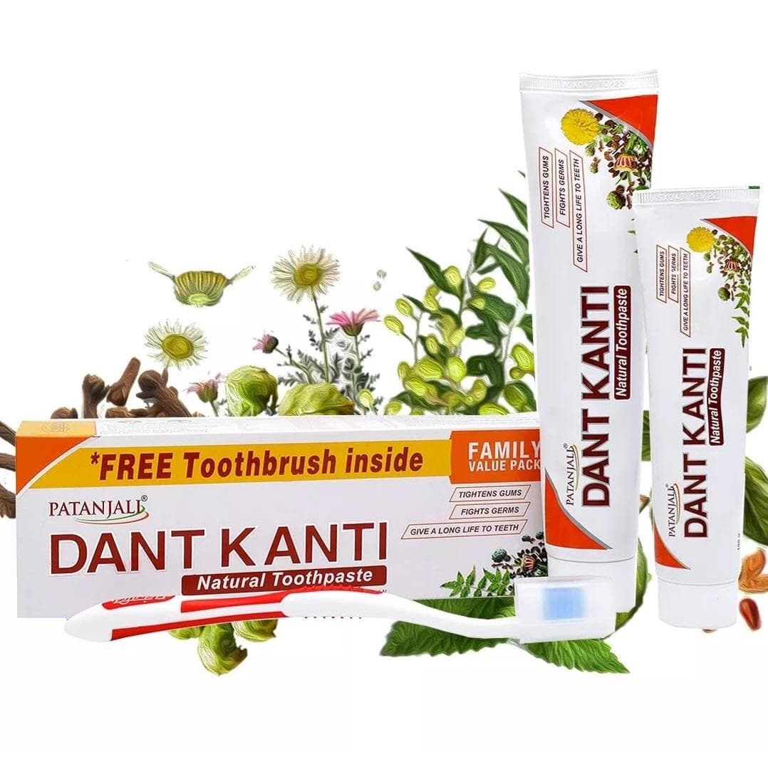 Zahnpasta DANT KANTI Natural 200g + 100g + Zahnbürste Natürliches Familien-Vorteilspack