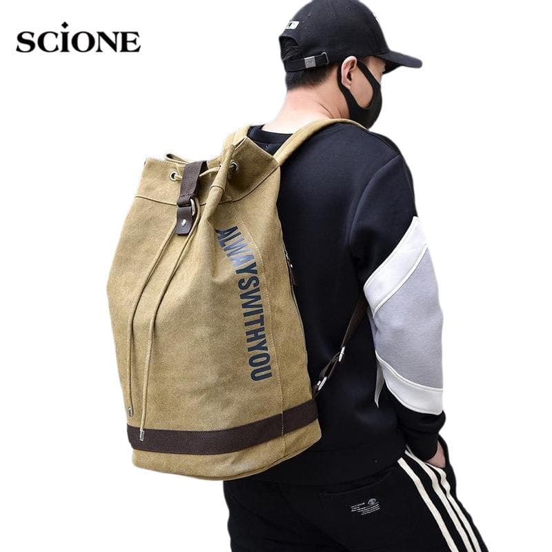 Mode Leinwand Sport Rucksack Runde Eimer Tasche Reise Computer Rucksack männer Tasche Freizeit Tasche khaki
