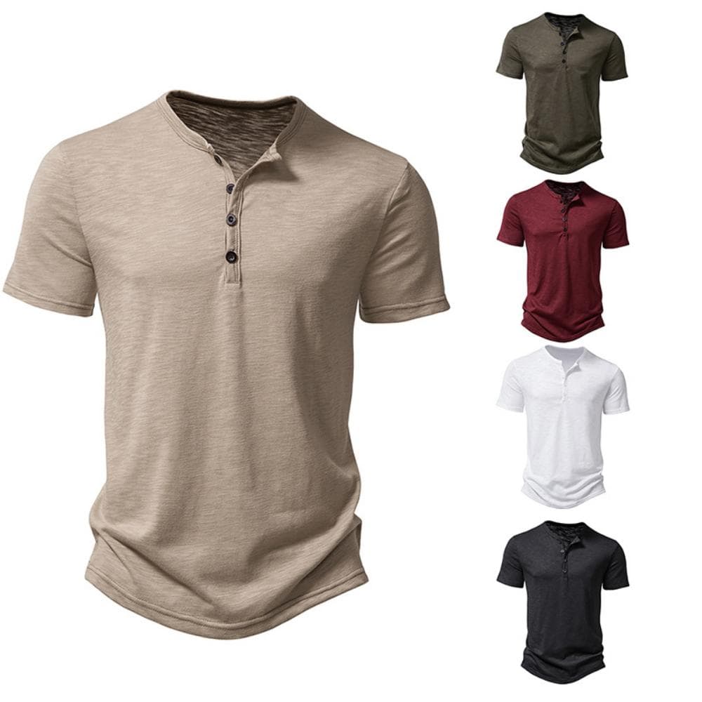 Herren T-Shirts mit Henley-Kragen, Sommer, lässig, einfarbig, kurzärmelig, hochwertige Oberteile cm armee grüne