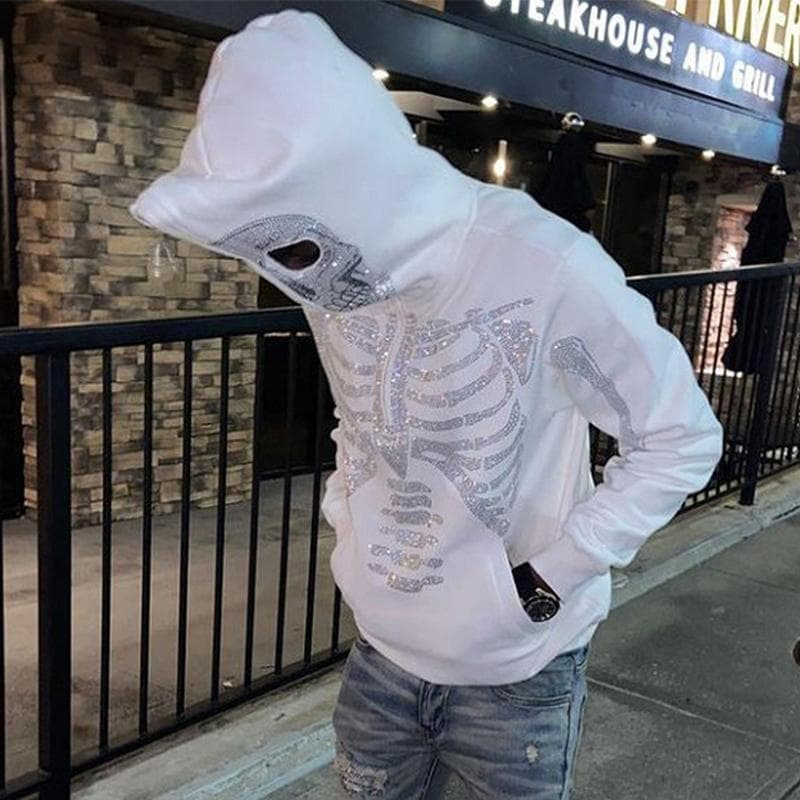 Skelett Strass Off White Full Zip Hoodie Männer Frauen Tops 2022 Neue Y2k Langarm Hoodies Sweatshirts Streetwear Übergroßen cm