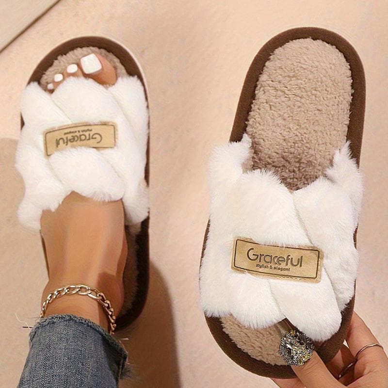Mode Damen Plüsch Flauschige Hausschuhe Zuhause Fell Zehenfrei Pantoletten Herbst Winter Indoor Leise Komfort EVA Weichbesohlt Schlafzimmer Warm Flip