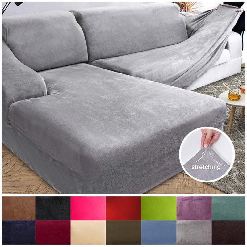 Dicker Plüsch-Sofabezug in L-Form für Wohnzimmer, Eckcouch, Schnitt-Stretch-Sofabezug, elastisch, Canap Chaiselongue dunkelgrau