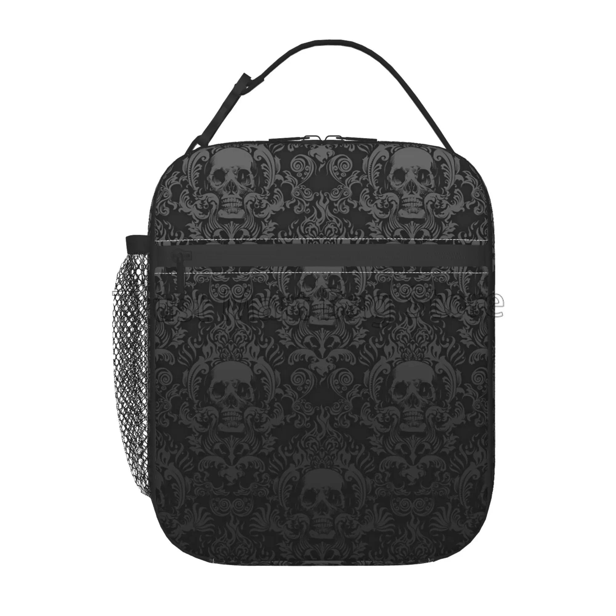Vintage Halloween Schwarz Viktorianisch Gotisch Schädel Damast Isolierte Lunchtasche Tragbar Wasserdichte Lunchbox Thermokühltasche Tragetaschen